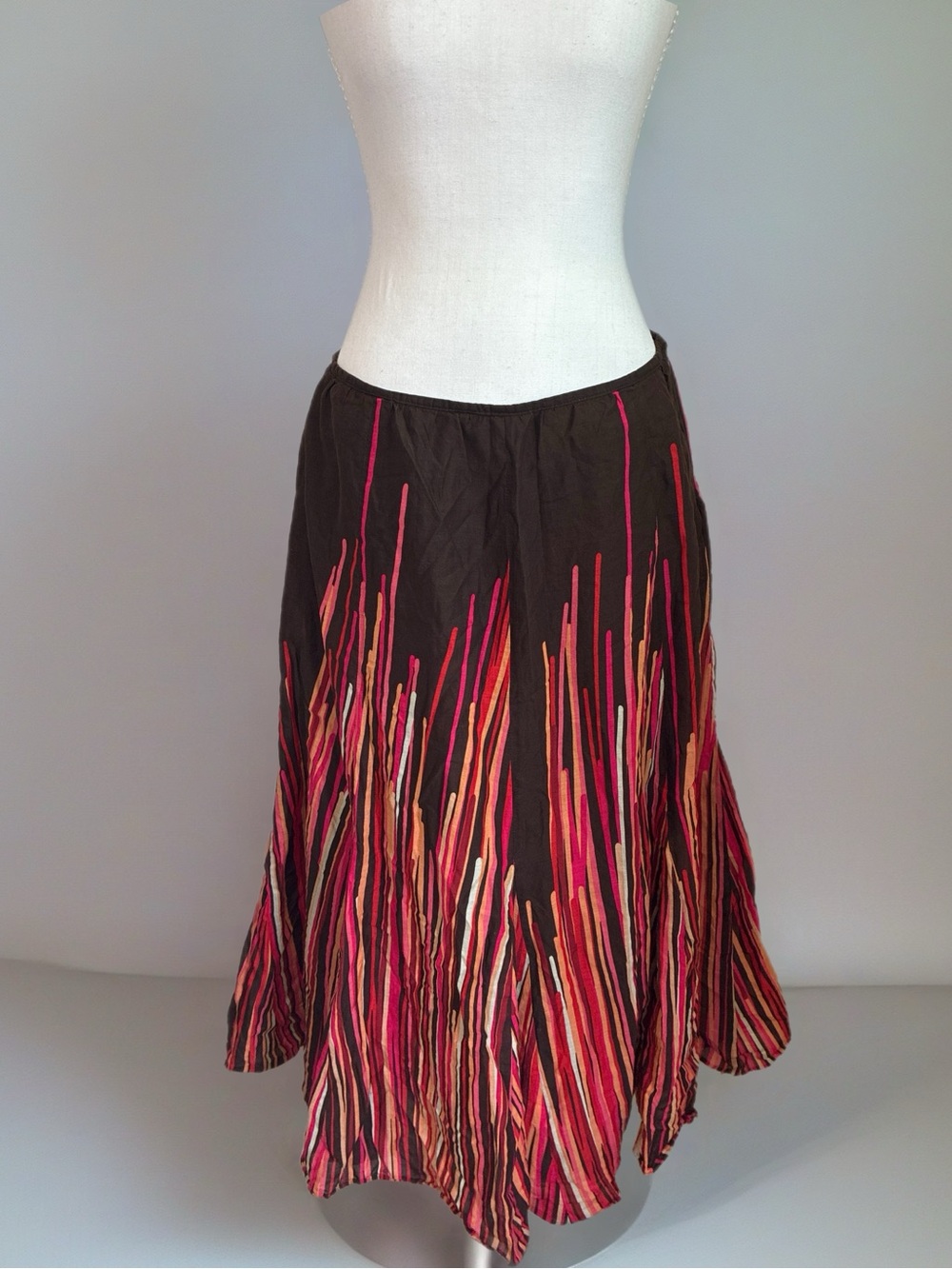 Women's Black Midi Skirt with Pink & Orange Stripe Detail